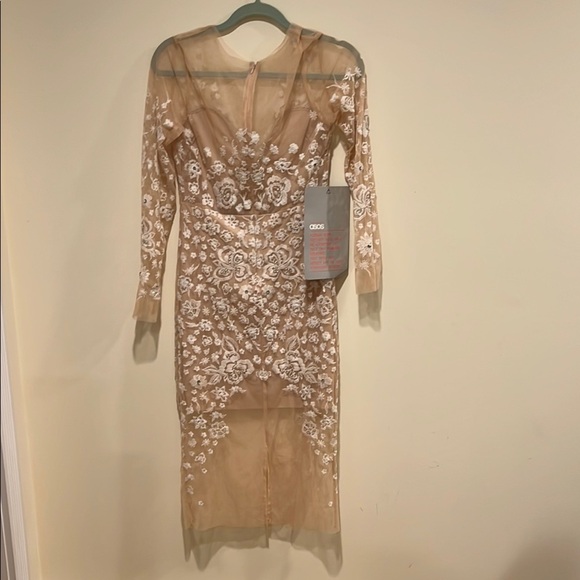 NWT ASOS Lace Sheer Sheath Dress – Celebrity-Inspired Nude Illusion Gown, Size 4 - Picture 1 of 17
